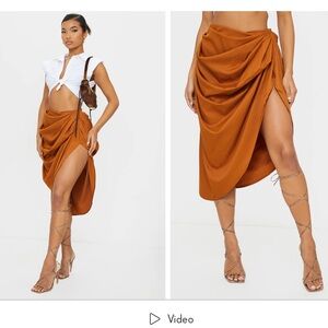 Prettylittlething Ruched Brown Side Midi Skirt Size 12